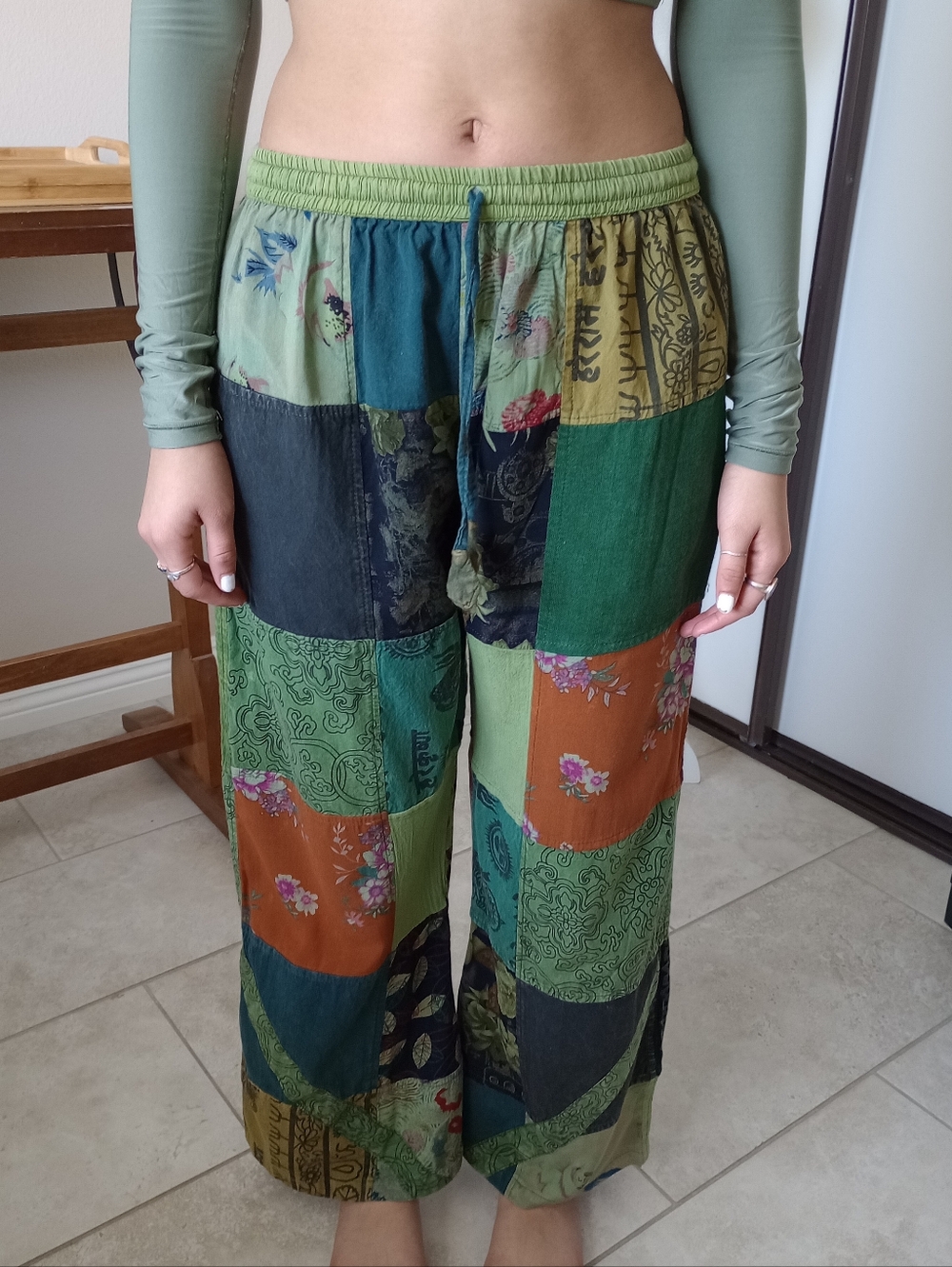 Boho Patchwork Wide Leg Pants in Green and Rust
